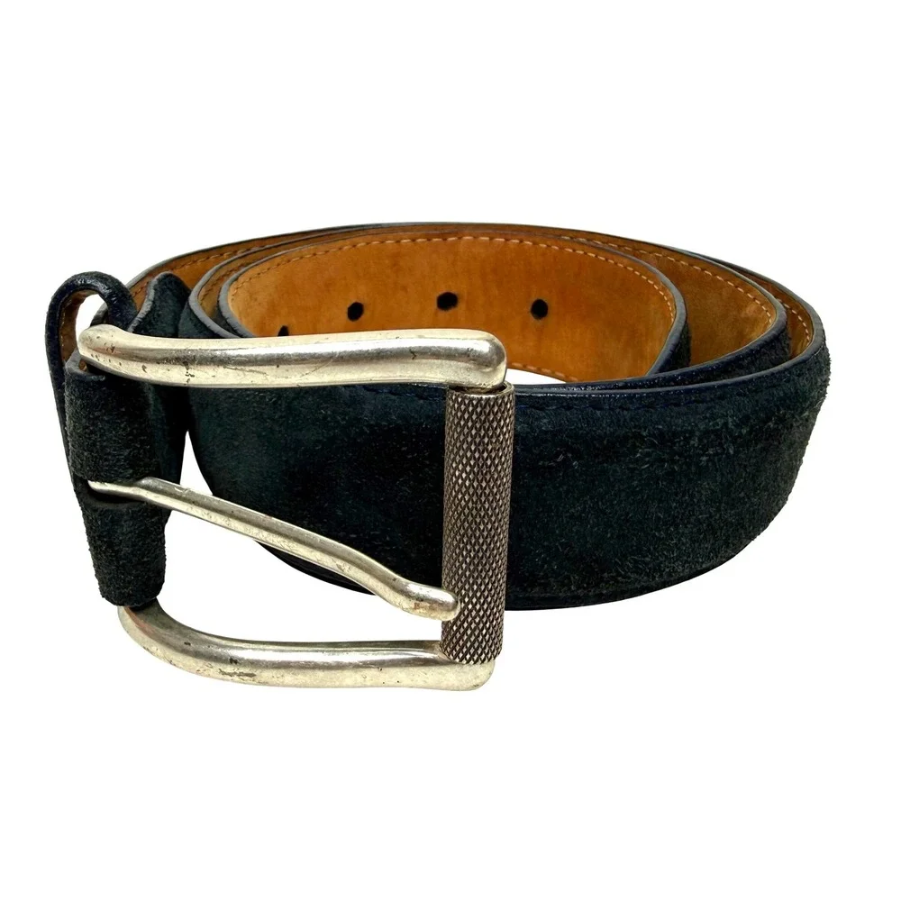 W. Kleinberg Mens Navy Blue Suede Belt Silver Knurled Roller Buckle Made USA 32